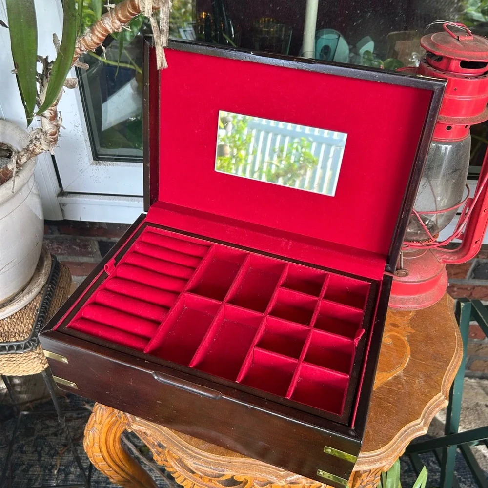 Vintage Wooden Jewelry Box with Brass Accents